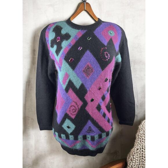 Vtg Retro I.B. Diffusion Artsy Embellished Jeweled Geometric Sweater Size Small - Picture 2 of 12